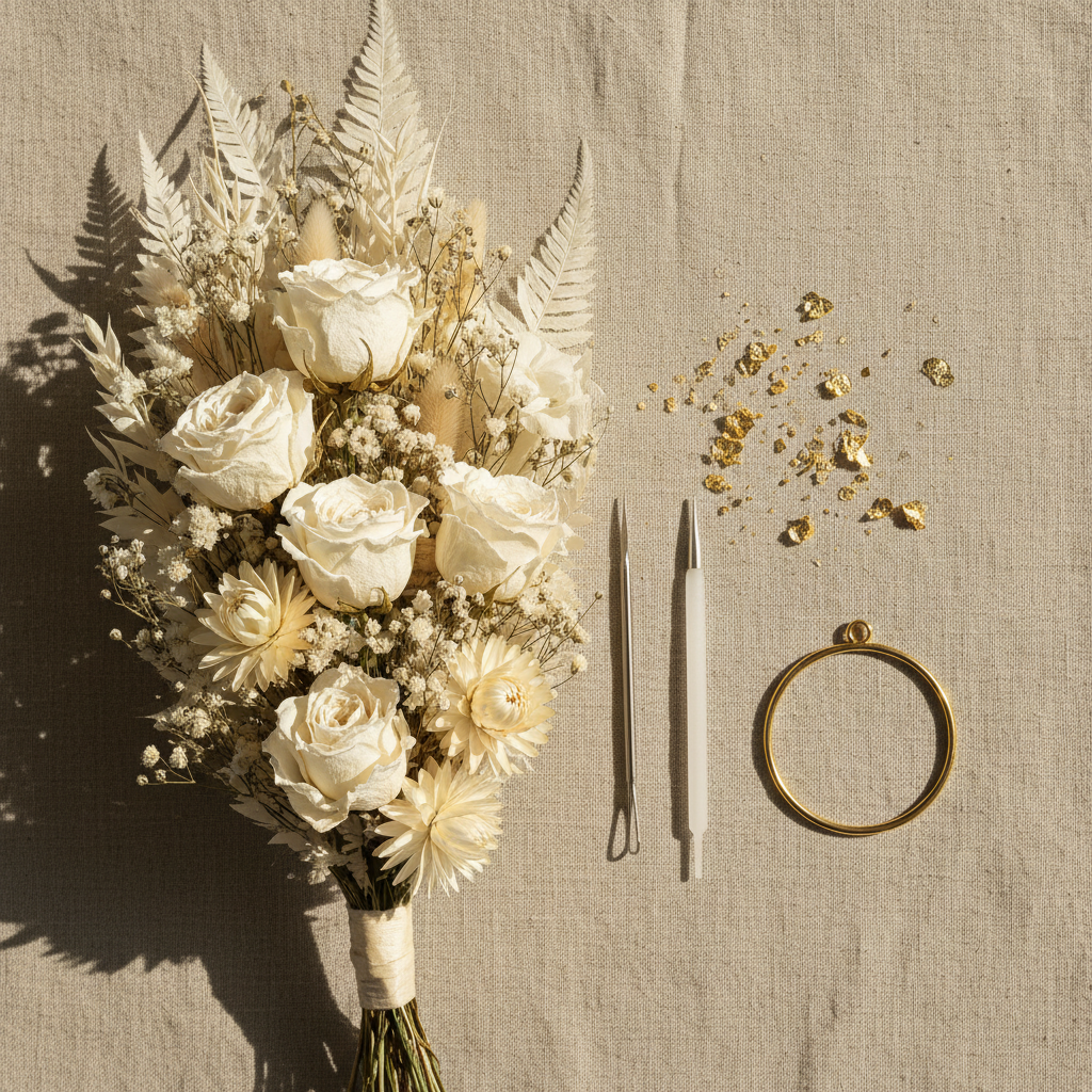 Avant - bouquet séché sur lin avec matériel