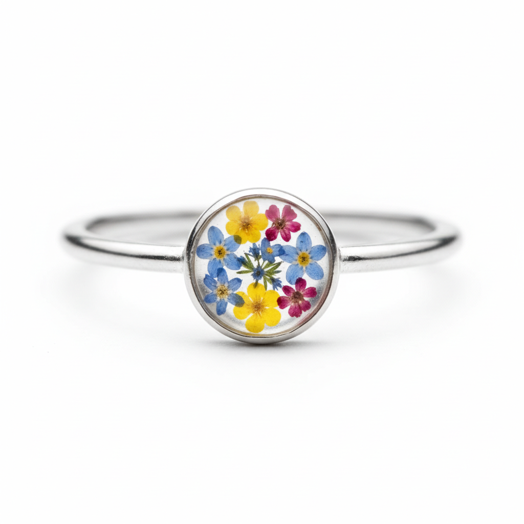 Bague argent fine fleurs résine