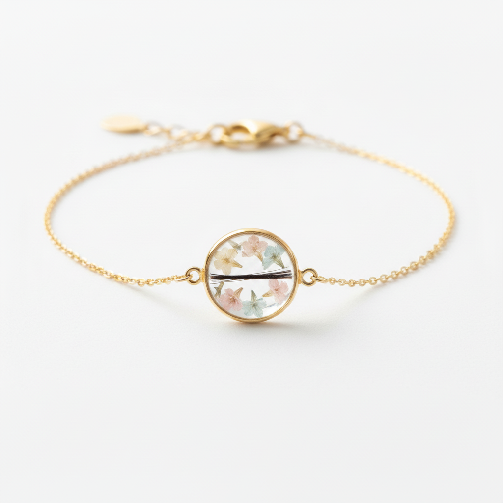 Bracelet mèche cheveux petites fleurs résine