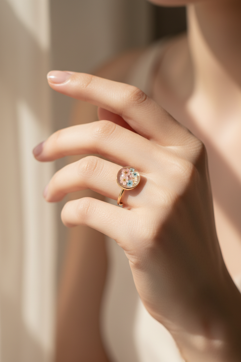 Bague or fine fleurs portée