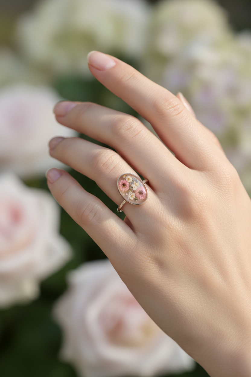 Bague argent fine fleurs portée