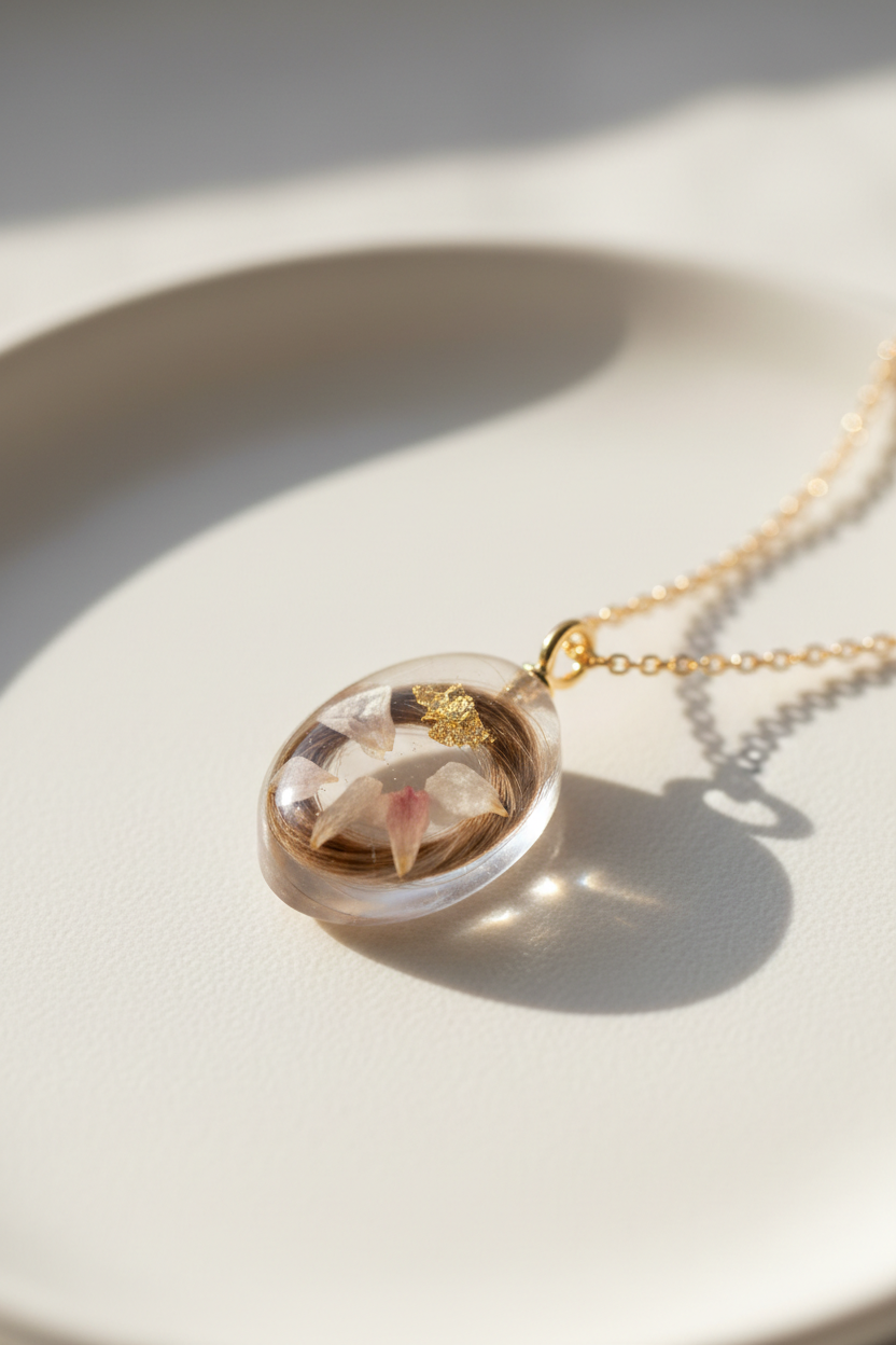 Collier Héritage & Mémoire — mèche de cheveux avec pétales et feuille d'or