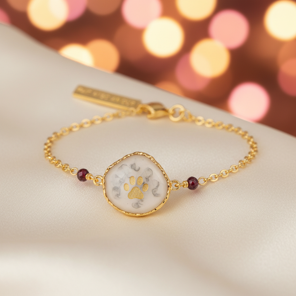 Gros plan charm résine bracelet avec empreinte de patte et cendres animal