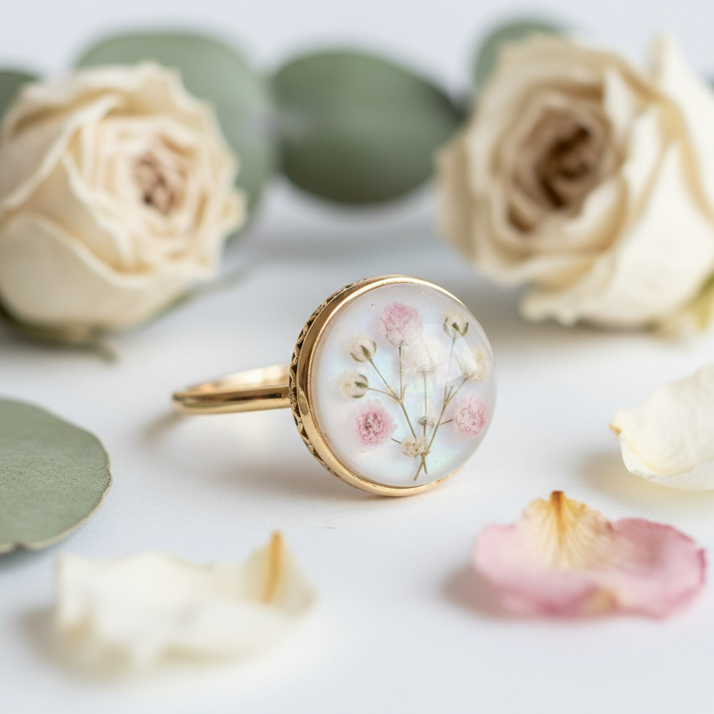Bague lait maternel avec fleurs séchées dans la résine