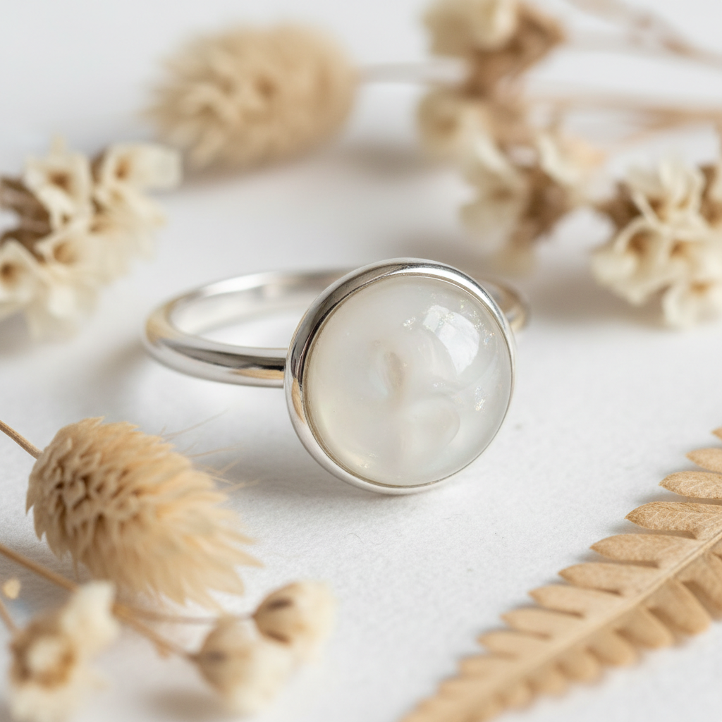 Bague allaitement argent ronde fond blanc fleurs