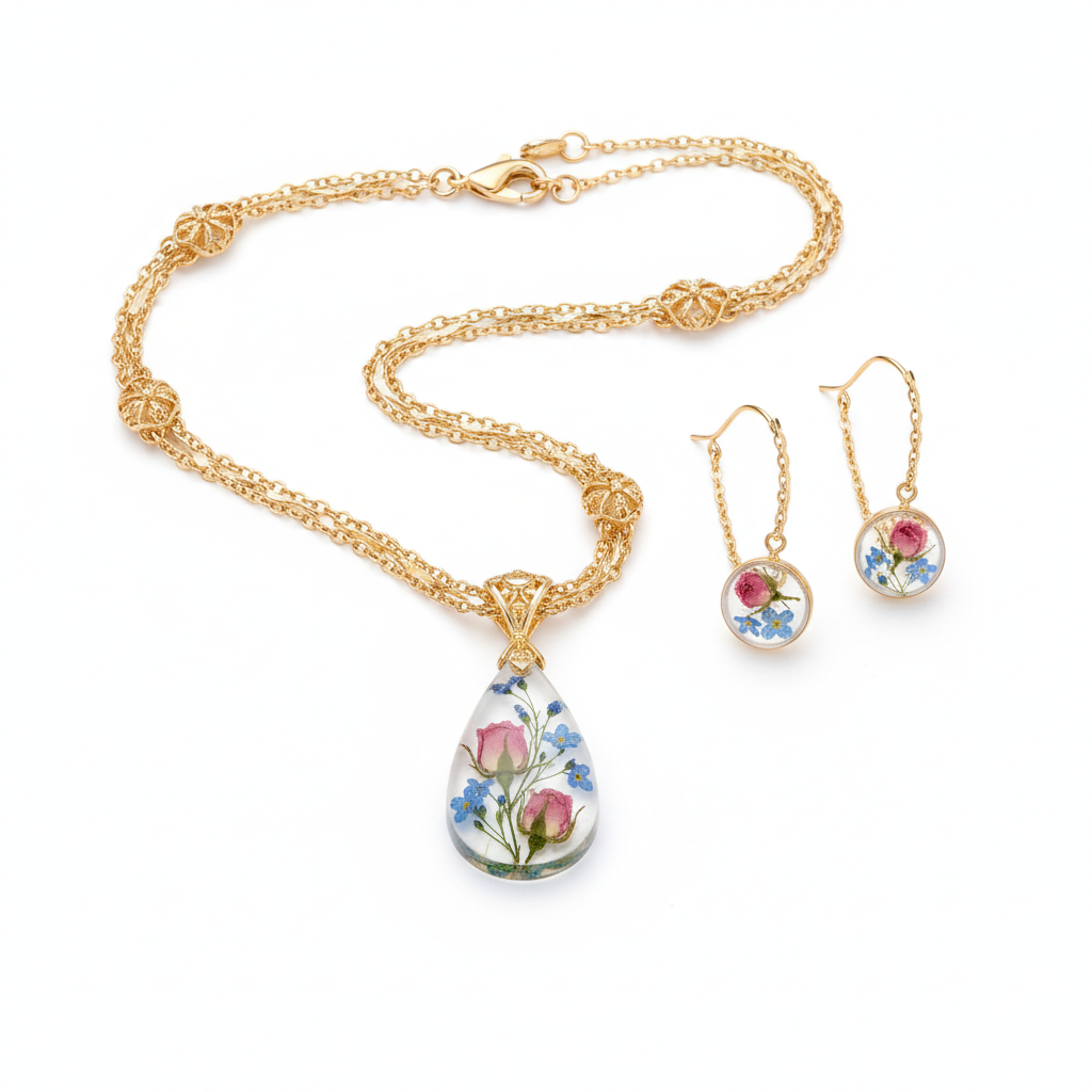 Parure Fleur Éternelle – Collier & Boucles d’oreilles en résine avec fleurs naturelles (offre foot2026)
