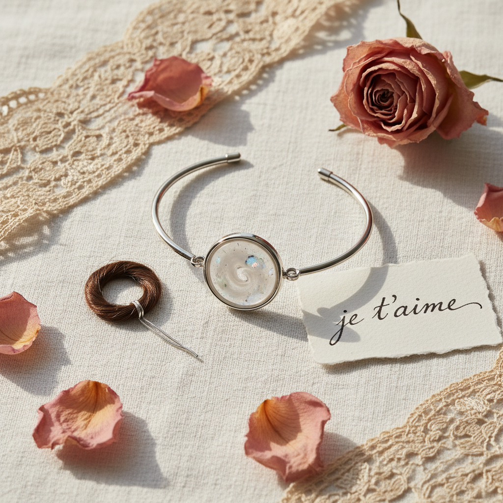 Flat lay bracelet héritage mèche cheveux note manuscrite dentelle